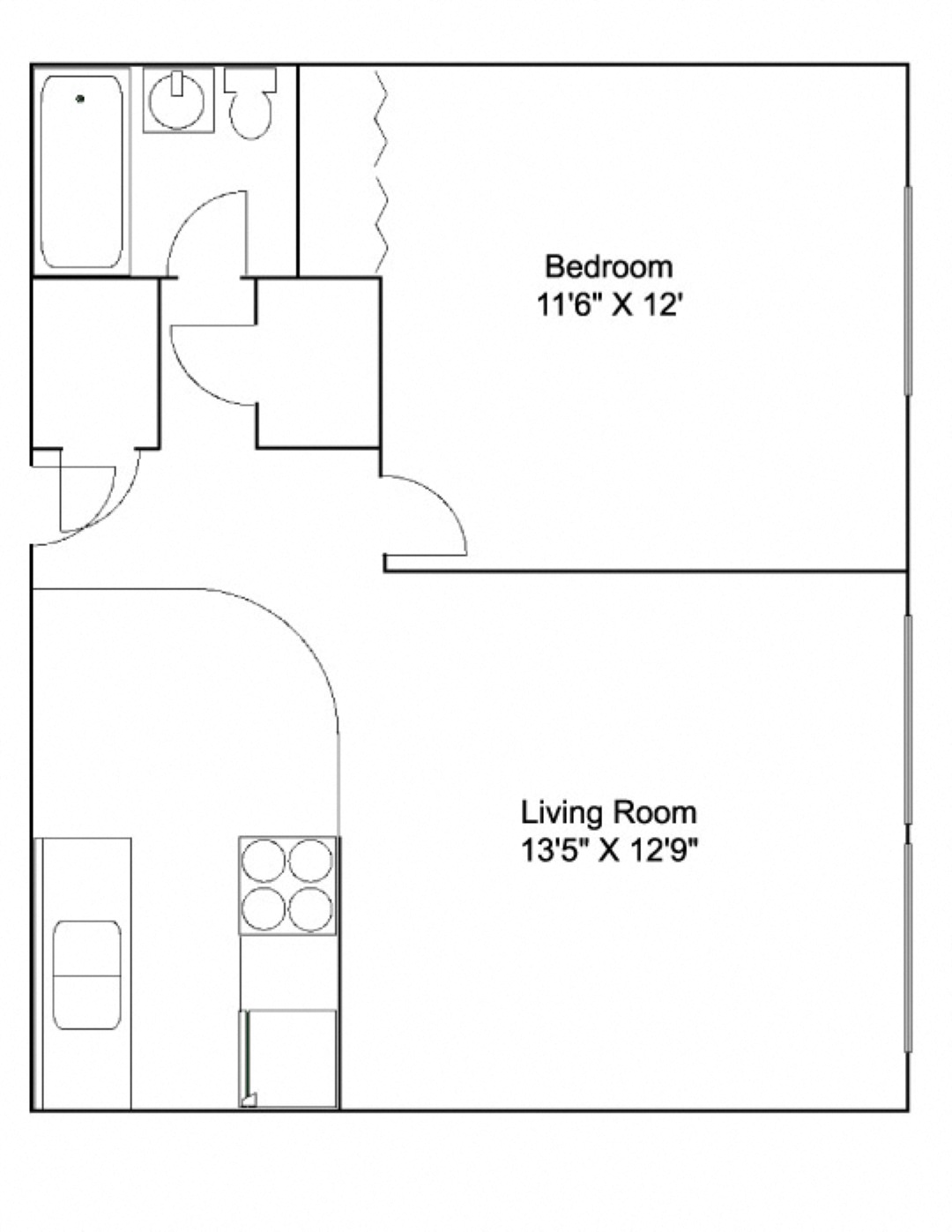 Floor plan for 1 bed, 1 bath, 650 sqft